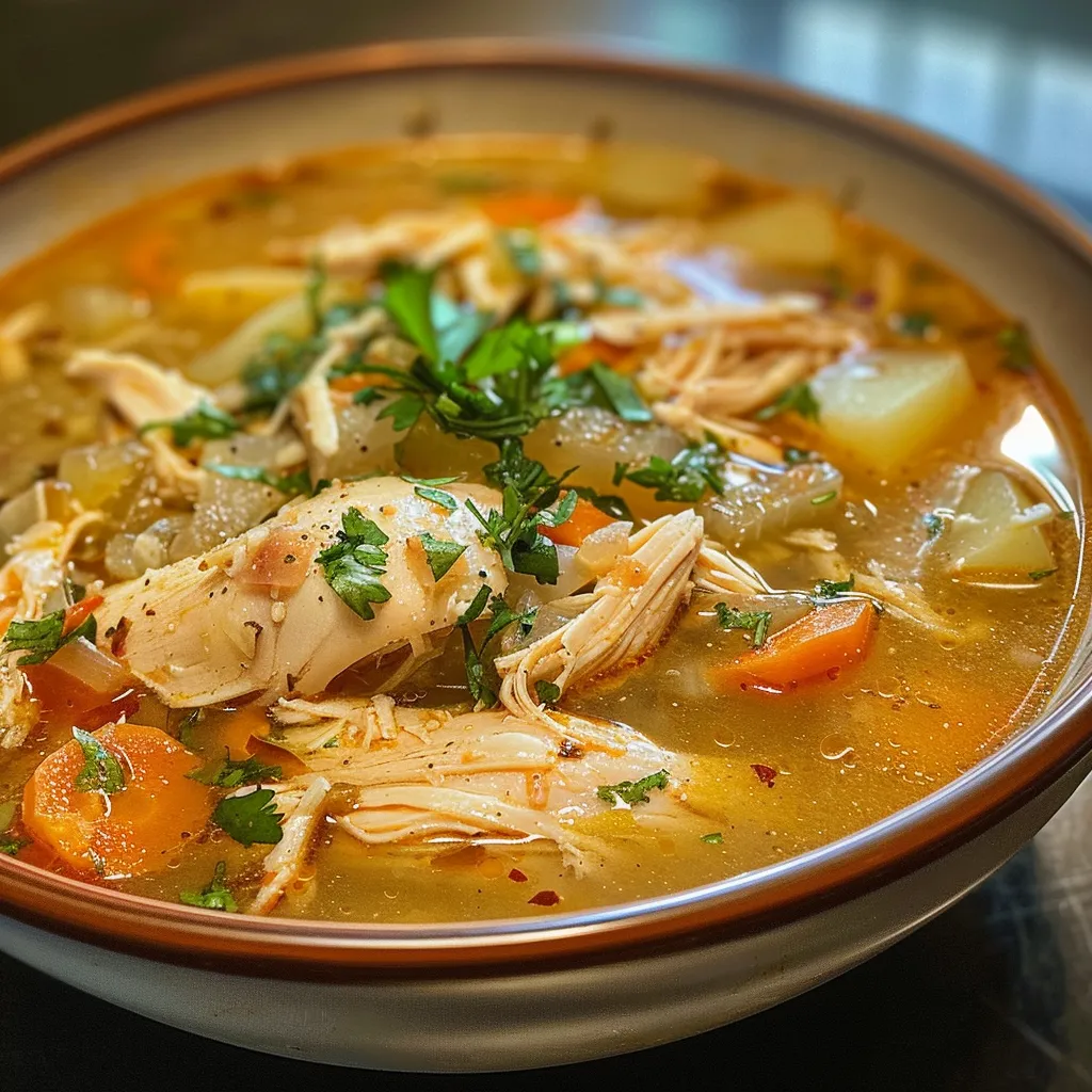 Vista lateral de Sopa de Pollo con Fideos en un plato hondo.