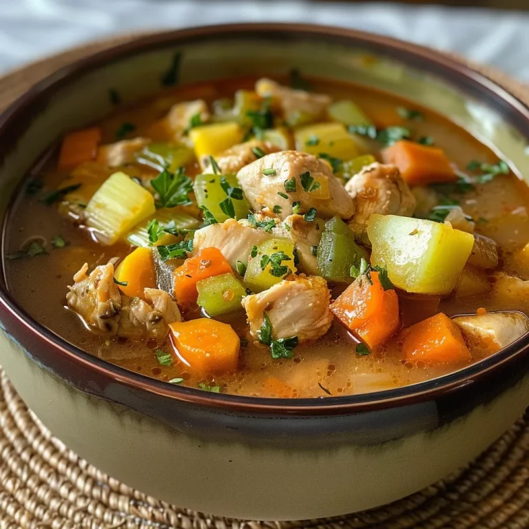 Primer plano de Sopa de Pollo con verduras coloridas y decorada con perejil.