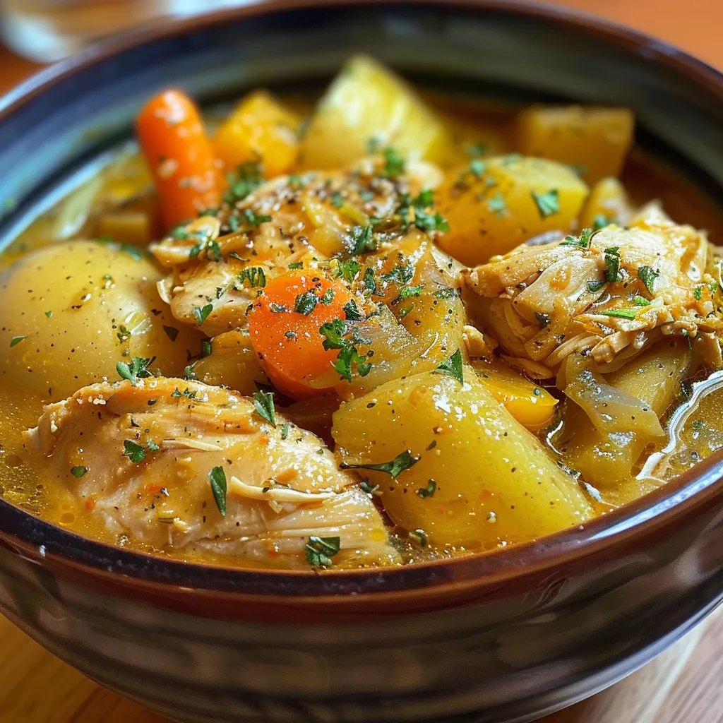 Imagen de Sopa de Pollo y Verduras, con trozos de pollo y hierbas.