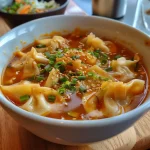 Tazón de Sopa de Wonton, mostrando los wontones rellenos y hierbas.