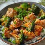 Close up de Stir Fry de Pollo Teriyaki con trozos de pollo y verduras variadas.